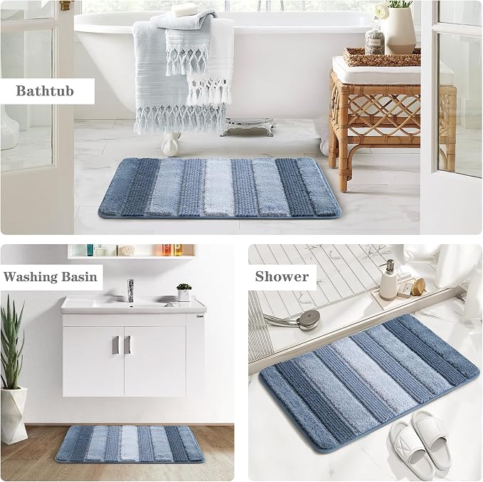 Kmson Ombre Chenille Bathroom Rugs, 24"x36" Non-Slip Bath Mat for Shower Floor & Bathtub, Ultra Soft Washable Shaggy, Fluffy Thick Water Absorbent Microfiber Blue