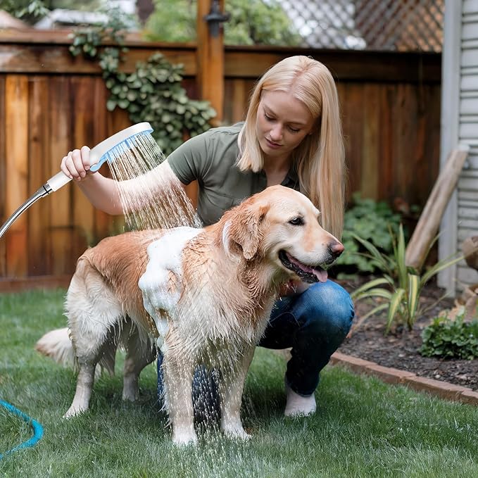 SR SUN RISE Dog Shower Attachment for Thick Haired Dogs, 4 Spray Mode Pet Bath Sprayer with Stainless Steel Diverter Valve & 6.5 Foot Hose, Indoor & Outdoor Dog Washing Grooming Supplies, Blue/White