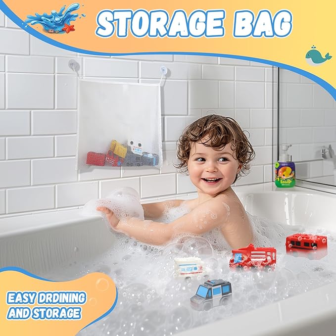 Mold Free Bath Toys with Mesh Storage Organizer, 6 Packs No Hole Baby & Toddler Bathtub Toys: Water Floating Vehicles Truck School Bus Car Toys, Sealed Soft Silicone Rubber Bath Toys for Kids Ages 0+
