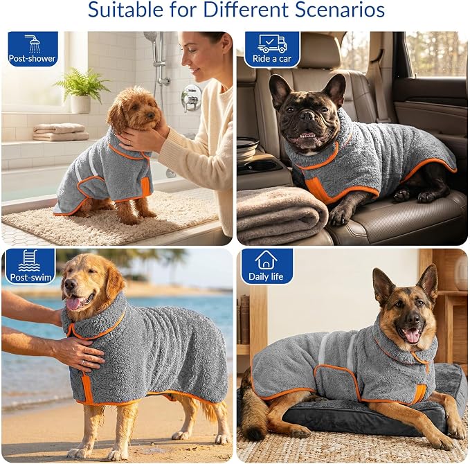 Bienbee Dog Bathrobe, Quick Drying Super Absorbent Pet Robes for Small Medium Large Dogs, Drying Coat for After Bath & Swim, Warm & Cozy Dogs Towels, Dog Puppy Bath Supplies, Gray XXL
