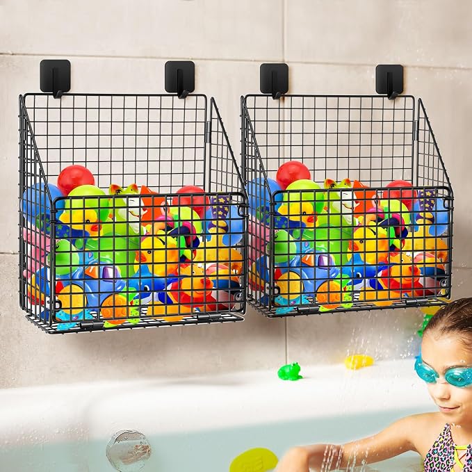 Greentainer 2-Pack Bath Toy Storage Organizer, Large Foldable Bathtub Toy Holder with Drainage, No Drill Adhesive Wall Mounted Rustproof Metal Wire Basket for Bathroom Tub & Shower Toys