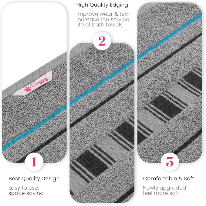 CASA COPENHAGEN X Line 6Pcs 100% Egyptian Cotton Large Designer Towels Gift Set- Grey - Teal, 600 GSM, 2Bath 2Hand 2Washcloths, Bath Towels for Bathroom Set for Women & Men