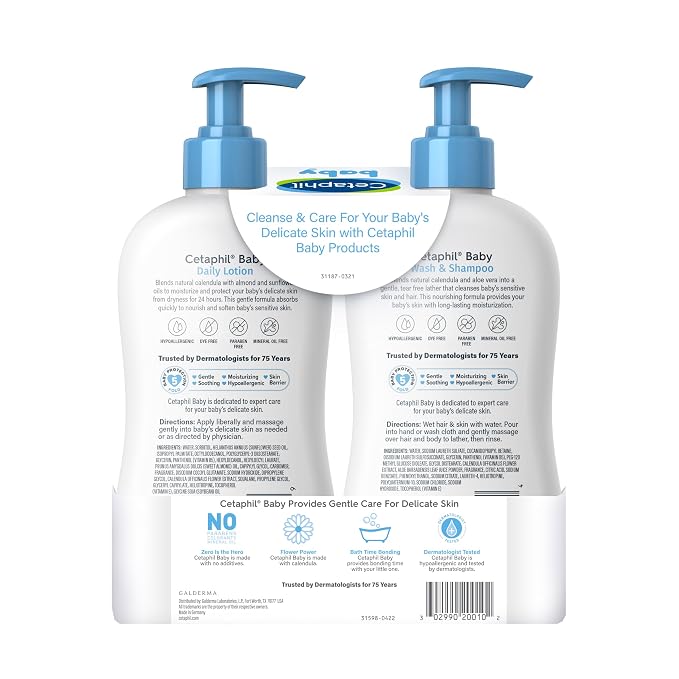 Cetaphil Baby Wash & Shampoo Plus Body Lotion, Healthy Skin Essentials, Head to Toe Hydration for up to 24 Hours, for Delicate, Sensitive Skin, 2-Pack,White