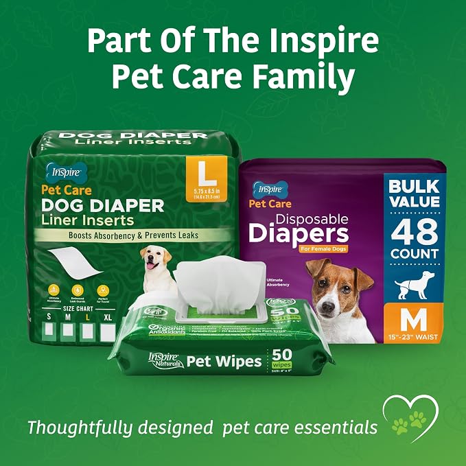 Inspire Naturals Pet Wipes for Dogs and Cats 100% Natural Plant Based with Organic Antioxidants, Dog Wipe Cleaning Deodorizing | Washcloths for Cats | Puppy Wipe for Paws and Butt (50ct - 1 Pack)