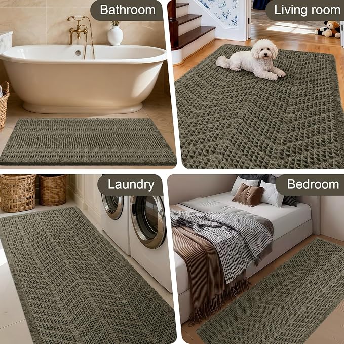 Upgraded Waffle Bath Mat Set 2 Piece Greyish Green-Herringbone, Super Absorbent Non-Slip Quick Dry Bathroom Rugs with Tassels,Machine Washable Ultra Soft Boho Bath Rugs, Bath Mats Boho Farmhouse Decor