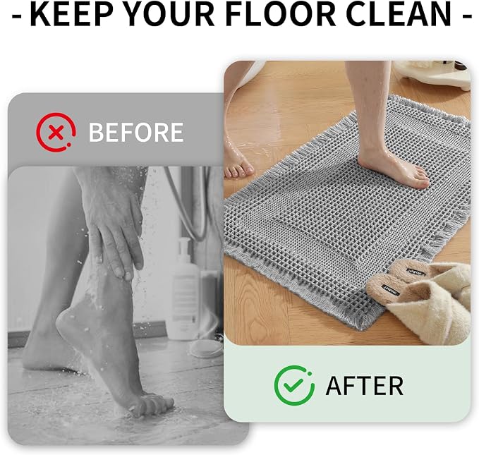 Waffle Bath Mat - Super Water Absorbing Bath Mat Quick Dry, Bathroom Rugs Non Slip Washable with Tassels, Rubber Backed Bathroom Mat for Bathroom Floor, Tub and Shower, 17" x 24", Light Grey