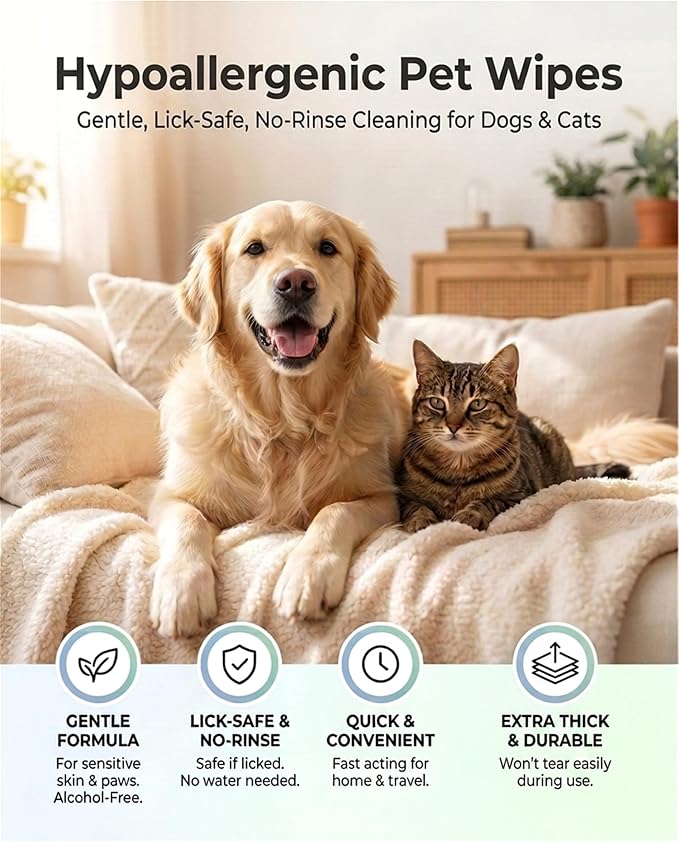 Pet Glove Wipes, Dual Sides Deodorizing Hypoallergenic No-Rinse Grooming Mitts with Natural Extracts Bath Cleaning for Dogs, Cats, Rabbits