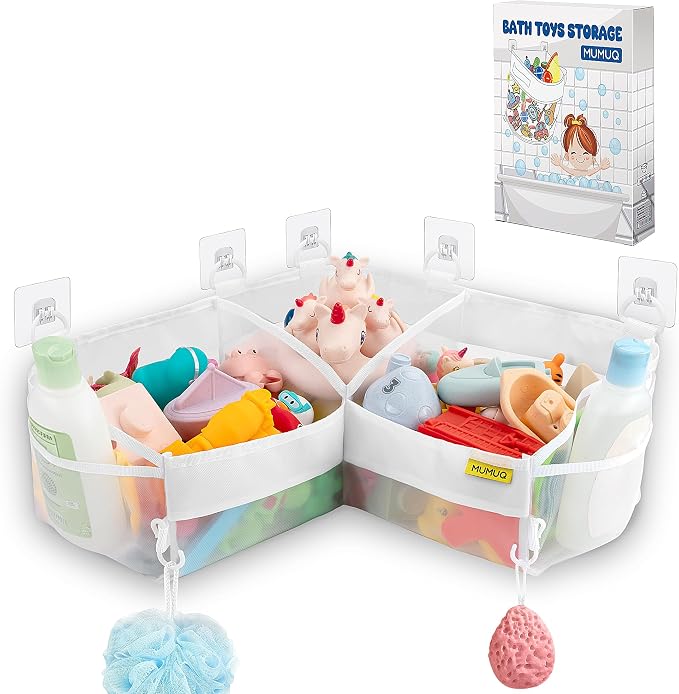 3 Compartments Bath Toy Storage Corner Bath Toy Holder for Bathtub, Kids Tub Toys Organizer with Adhesive Hooks, Quick-Drying Machine-Washable Mesh Bathroom Organizer for Tidy Bathtub
