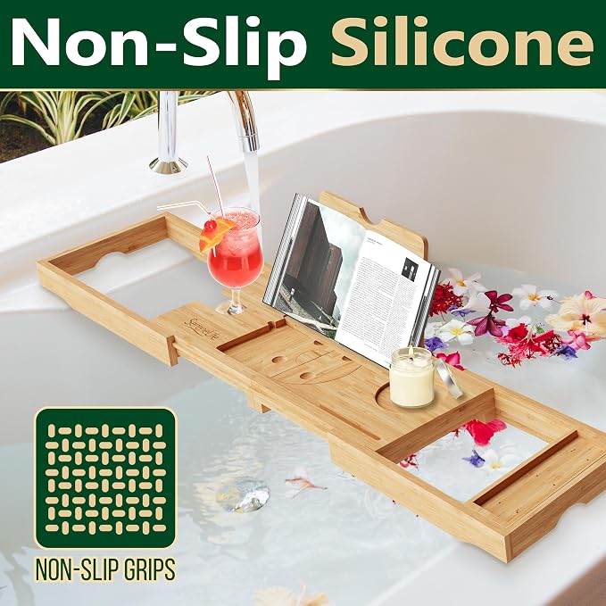 SereneLife Premium Bathtub Tray Caddy, Expandable Bath Tray, Unique House Warming Gifts, Gift for Mom, Women, New Home, Wedding, Anniversary, Bridal Shower, Universal Fit for All Tub - Natural,Folding