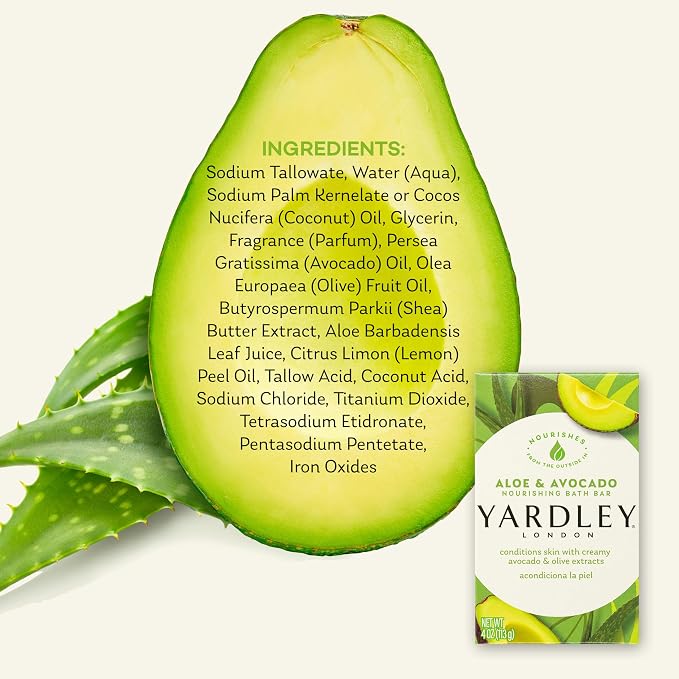 Yardley London Nourishing Bath SoapBar Aloe & Avocado, Conditions Skin with Creamy Avocado & Olive Extracts, 4.0 oz BathBar, 1 Soap Bar (Pack of 3)
