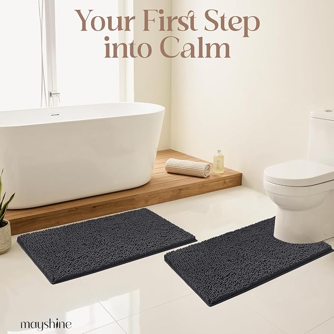 MAYSHINE Plush Shaggy Chenille Bath Mat | Extra Soft, Super Absorbent, Non-Slip Bathroom Rug | Fluffy Microfiber, Area Rug Sets for Bathroom Floor, Kitchen, Living Room | 47"x27" | Charcoal Gray