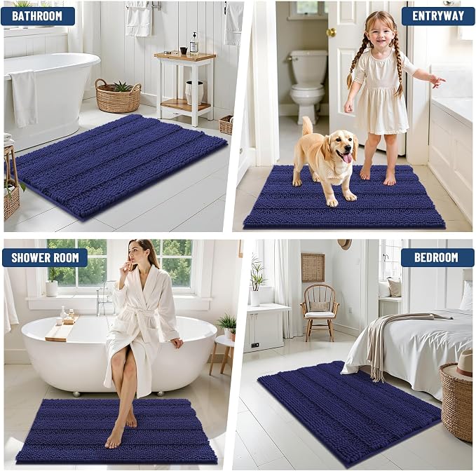 Grandaily Chenille Striped Bathroom Rugs 24x16, Extra Thick and Soft Absorbent Bath Mats, Rubber Backing, Plush Shaggy Shower Carpet, Machine Wash Dry, Bath Rug for Bathroom, Twilight Sapphire