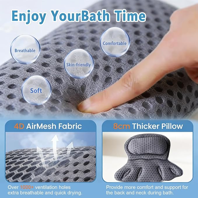 Luxury Bathtub Pillow, 4D Air Mesh Soft Bath Pillows for Tub, Ergonomic Neck & Back Support, Non-Slip Suction Cups Head Neck Support Hot Tub Pillow, Spa Bath Accessories Gift for Women Gray