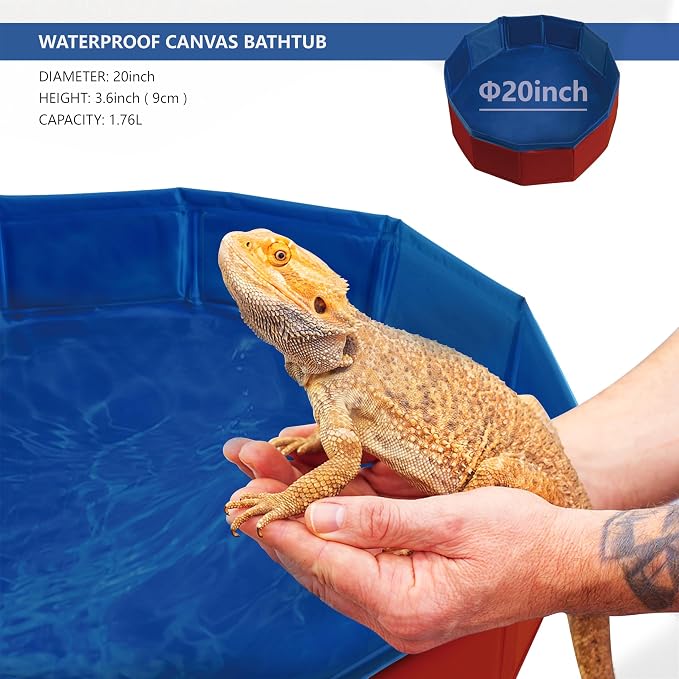 Bearded Dragon Foldable Bath Pool with Bath Brush, Bathrobe, Towel, Spray Pot and Tweezer, for Puppy Small Dogs Cats (Red, 20 x 3.6 inch)