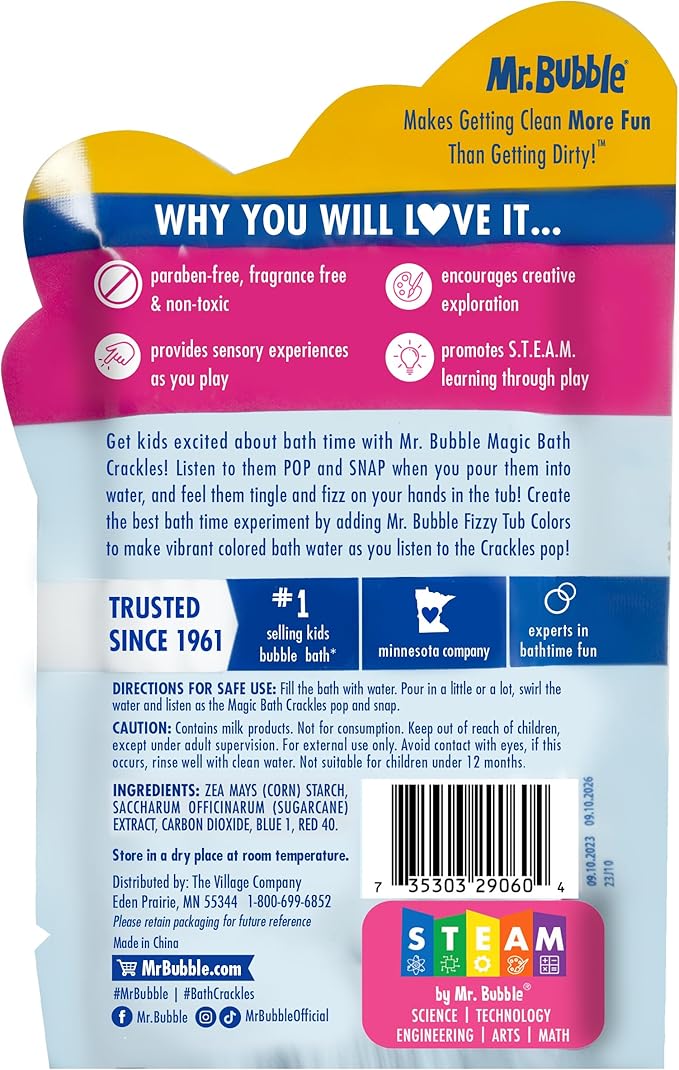 Mr. Bubble Magic Bath Crackles, Fun to add to Bubble Bath to Make Bath Time Exciting for Kids with Colorful Pops and Fizzy Snaps, 1 oz Packet, Pack of 12