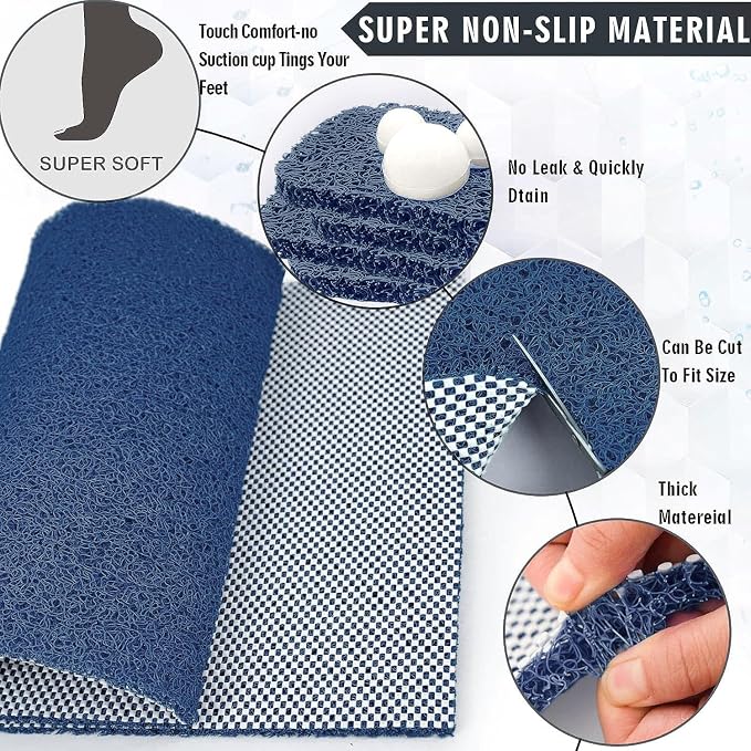 godehone Shower Mats Non Slip Without Suction Cups, PVC Loofah Bathroom Mats, Loofah Mats for Shower and Bathroom, Quick Drying, 15.7× 36 Inch, Blue