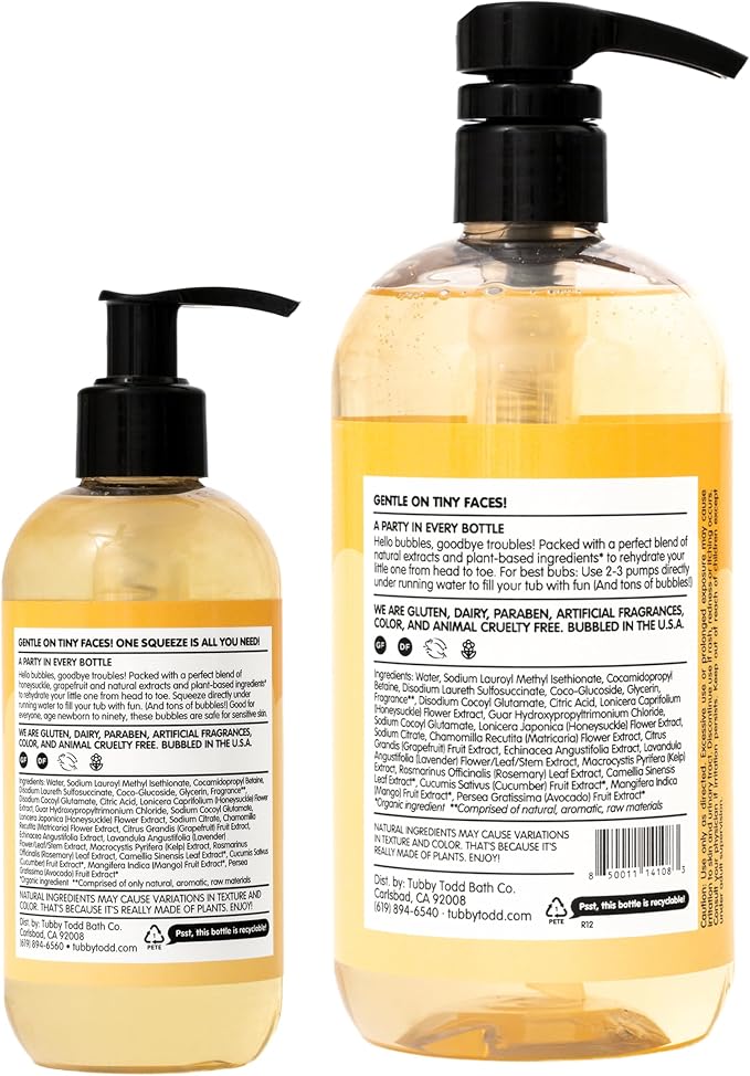 TUBBY TODD Bubble Bath for Kids, Toddlers & Babies - Hypoallergenic, Non-Irritating Sensitive Skin Bubble Bath - 2 Pack, 25 fl oz & 8 fl oz - Sweet Quince & Honeysuckle