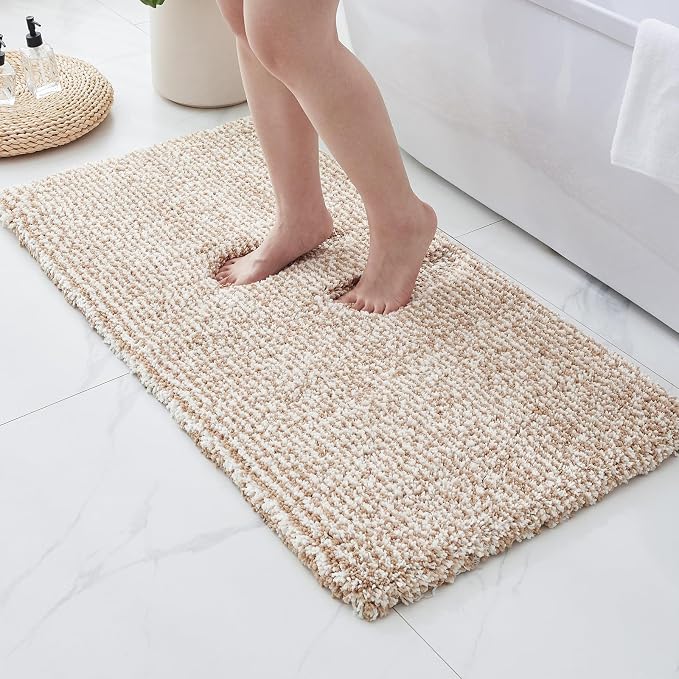 ILANGO Beige and White Bathroom Rugs 60" × 24" Non Slip & Super Absorbent Thick Soft, Washable Bath Carpet Runner for Floor, Microfiber Plush Shaggy Bath Mats for Bedroom Bathtub Shower Room