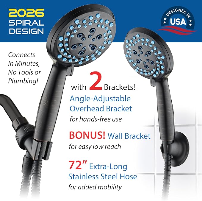 AquaCare Seen-On-TV High Pressure 8-mode Handheld Shower Head - 2-mode Power Wash to Clean Tub, Tile & Pets, Stay-Clean Nozzles, Extra Long 6 ft. Stainless Steel Hose, Wall & Overhead Brackets,Bronze