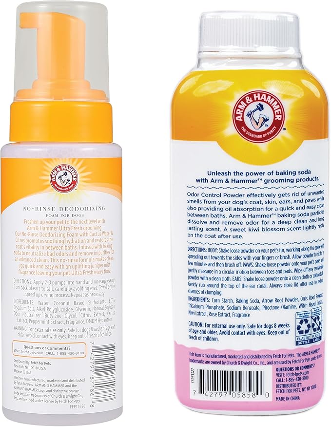 Arm & Hammer Ultra Fresh Dog Deodorizing Foam, 8 Fl Oz & Odor Control Dry Shampoo Powder, 4.2 Oz – Waterless Dog Shampoo Bundle for Smelly Dogs, Juniper Mist & Kiwi Blossom Scents