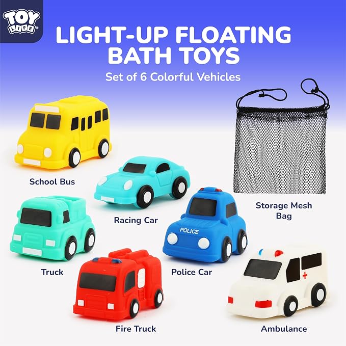 TOY Life 6 PCS Cars Light Up Bath Toys for Kids Ages 4-8, No Hole Glow Bath Toys for Kids, Baby Toddler Bath-Time, Easter Basket Stuffers Gifts for Kids Boys Girls, Ideal for Shower, Bathtub, Pool