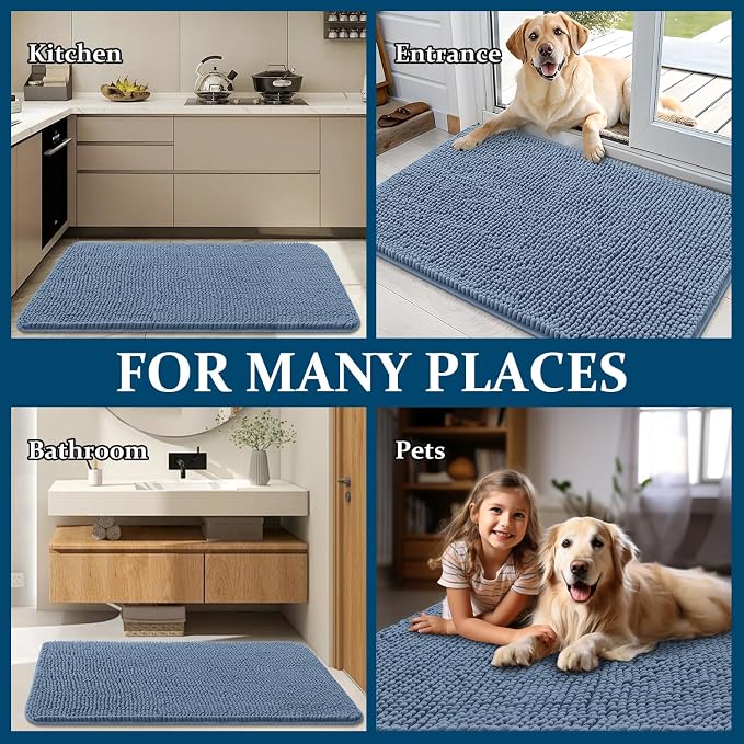 OLANLY Dog Door Mat for Muddy Paws 34x21, Absorbs Moisture and Dirt, Absorbent Non-Slip Washable Doormat, Quick Dry Chenille Mud Mat for Dogs, Entry Indoor Entryway Carpet for Inside Floor, Airy Blue