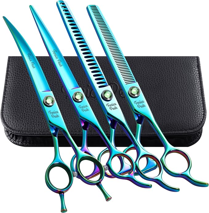 Green Dog Grooming Scissors Set Straight Thinning Curved and Chunker Shears 4PCS Kit with Simulated Emerald Screw 440C Trimming Shears Durable and Sharp