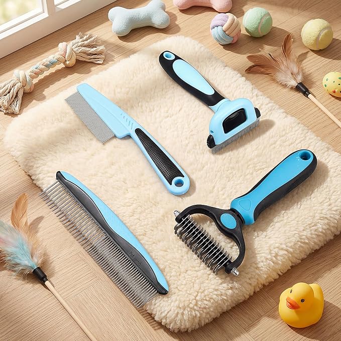 Patelai 4 Pieces Dematting Comb for Dogs Pets Grooming Tools for Dogs and Cats - Fine Tooth Comb, Deshedding Tool & Double-sided Tools Set Ideal for Long/short Hair, Knot Removal