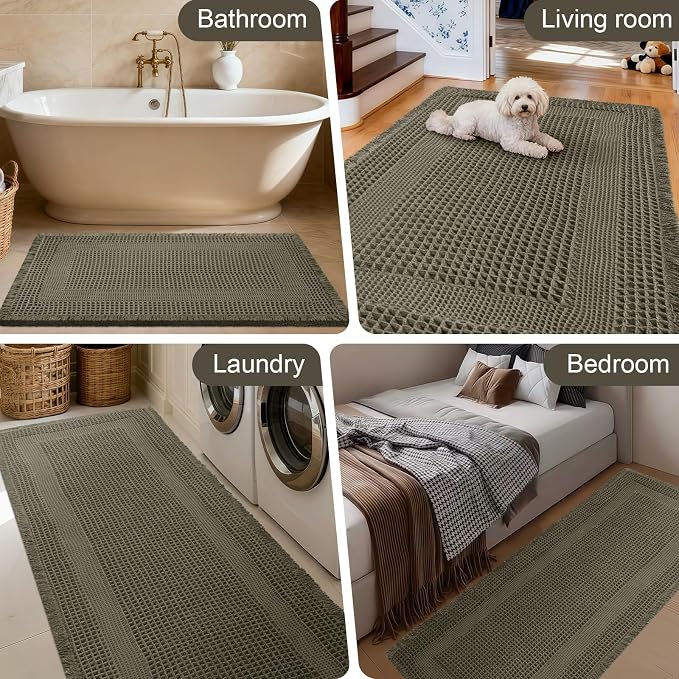 Upgraded Waffle Bath Mat Set 3 Piece Greyish Green-Looped, Super Absorbent Non-Slip Quick Dry Bathroom Rugs with Tassels, Machine Washable Ultra Soft Boho Bath Rugs, Toilet Mats Boho Farmhouse Decor