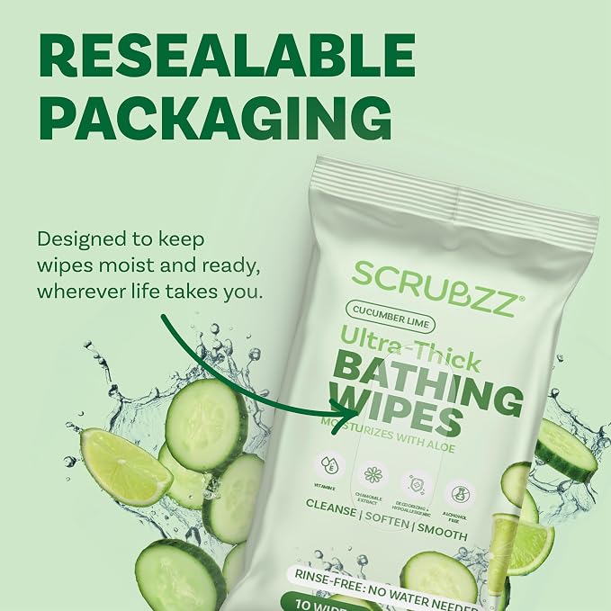 Extra Large Body Wipes for Adults Bathing No Rinse - 120 Ultra Thick Disposable Shower Wipes for Men, Women & Elderly - Great for Gym, Camping, Post Surgery - Cucumber Lime