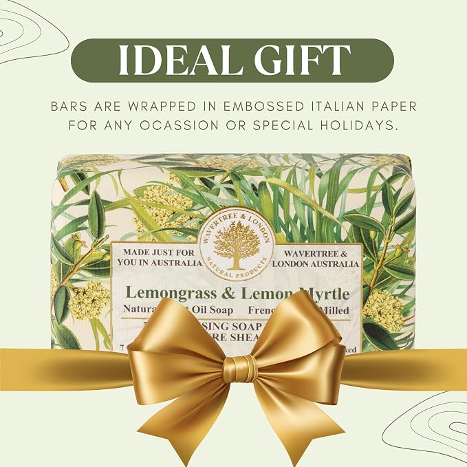 Wavertree & London Lemongrass & Lemon Myrtle Scented Natural Soap Bar, 7oz Moisturizing French Triple Milled Soap Bar for Women & Men Enriched with Organic Shea Butter, Pure Bath & Body Soap (1 Bar)