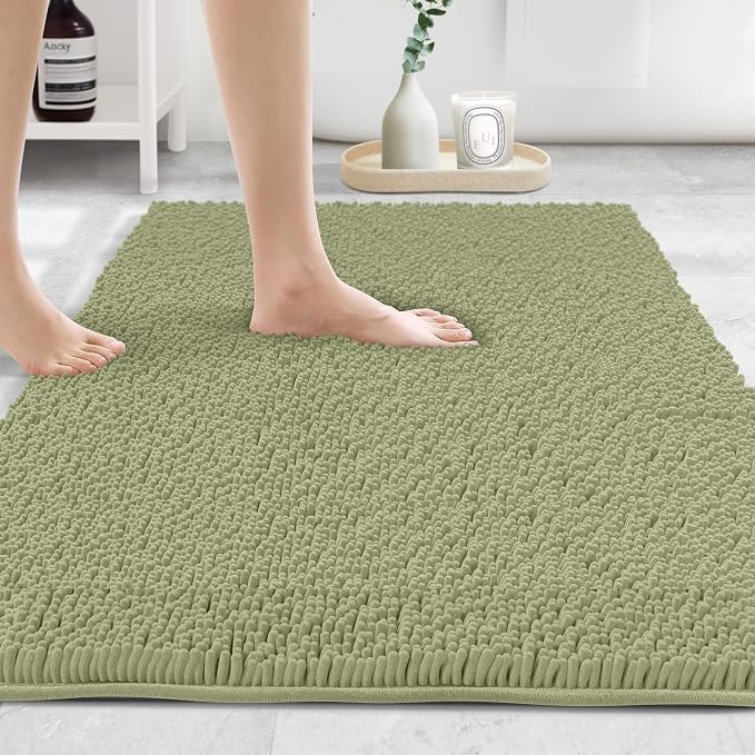Standard 3pc Set Chenille Bath Mats, Includes 21"x24" U-Shaped Contour Toilet Rug, 21"x34" Inches Bathmat and 1 Toilet Lid Cover, Plush Absorbent Bath Mats Quick Dry, Sage Green