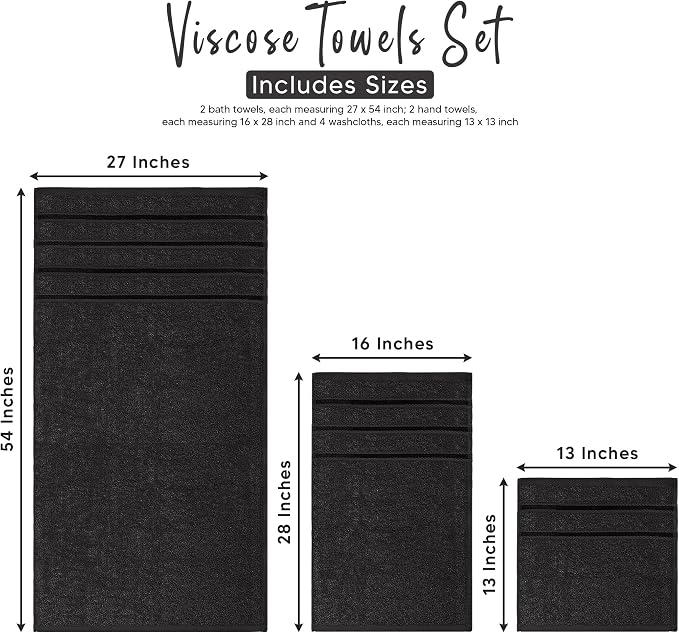 Luxury Towels for Bathroom Set of 8-2 Bath Towels 2 Hand Towels 4 Washcloths - 600 GSM 100% Cotton Ring Spun Viscose Border Towels Set - Black