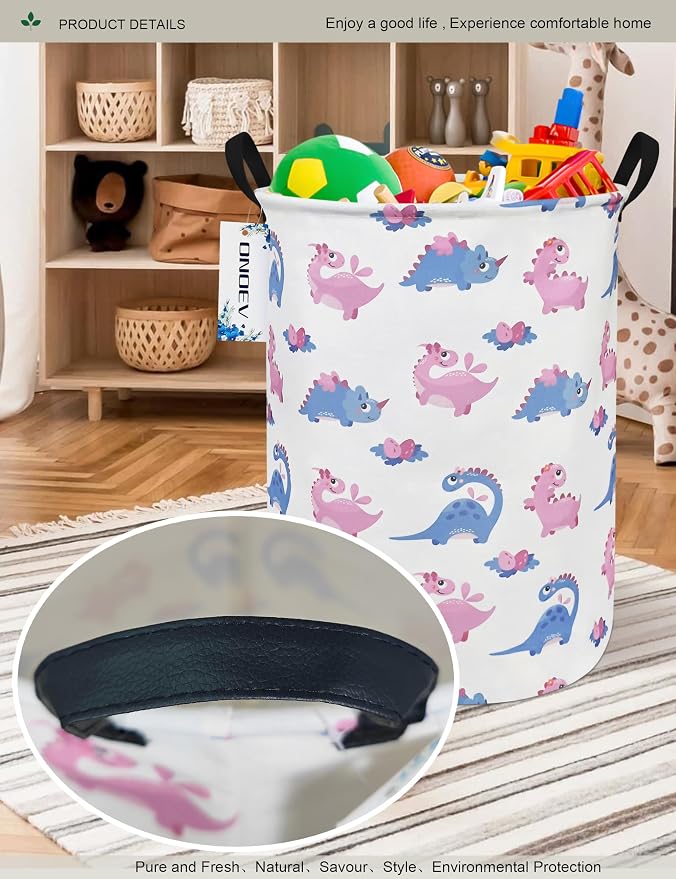 Round Pink Dinosaur Laundry Hamper, Household Storage Bin | waterproof foldable canvas bin with sturdy grip handles, large capacity, tidy organizer for bath linens and kids garments