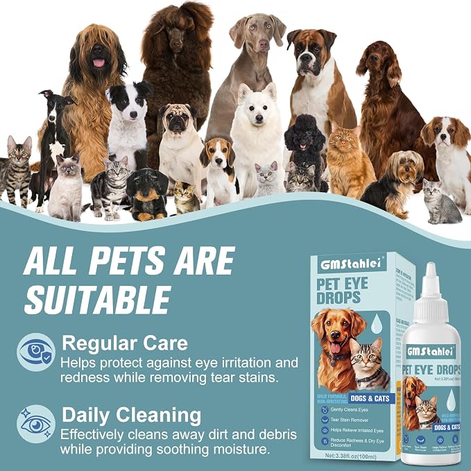 Pet Eye Drops for Dogs & Cats – Soothe Eye Infections,Allergies, Relieve Dogs Cats Dry Eyes Pink Eyes,Eye Wash for Pet Cleaning,Tear Stain Remover,Safe & Gentle Formula for All Animals (100ML)