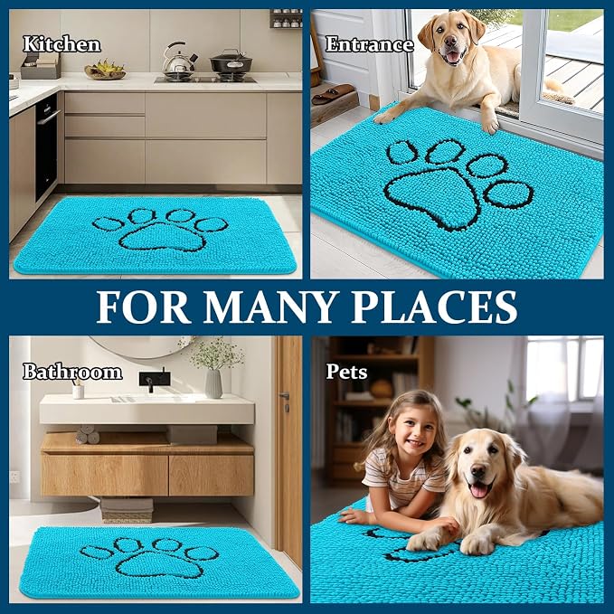 OLANLY Dog Door Mat for Muddy Paws 36x24, Paw Print Design, Absorbs Moisture and Dirt, Absorbent Non-Slip Washable Doormat, Quick Dry Chenille Mud Mat for Dogs, Entry Indoor Entryway Carpet, Aqua Blue