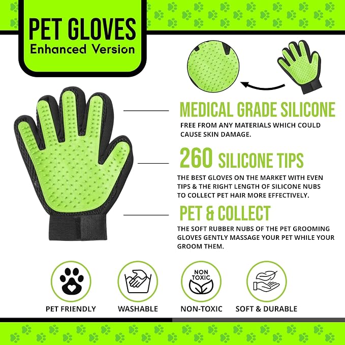 Pet Grooming Gloves – 1 Pair – Deshedding & Bath Massage Mitts for Dogs & Cats – Choose from 5 Colors – Adjustable, Reusable & Easy to Clean (Lime Green)