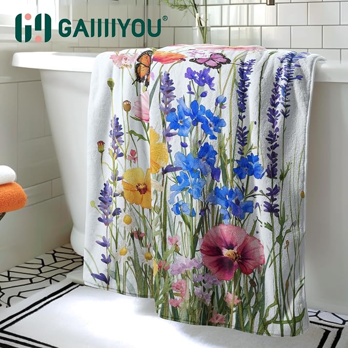 Spring Summer Wildflowers Bath Towel Colorful Floral Butterfly Oversized Towel for Women Bathroom