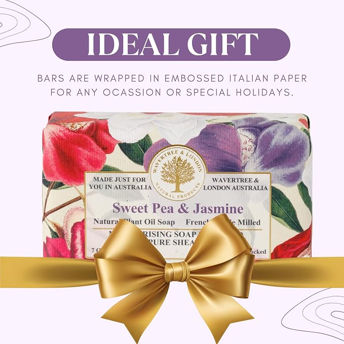 Wavertree & London Sweet Pea & Jasmine Scented Natural Soap (2 Bars), 7oz Moisturizing French Triple Milled Soap Bars enriched with shea butter - Pure Plant Based Bath & Body Bars for All Skin Types