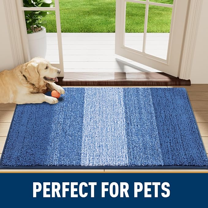 Smiry Dog Door Mat for Muddy Paws, Absorbs Moisture and Dirt, Low-Profile Entryway Mat with Non-Slip Backing, Entry Indoor Outdoor Doormat for Inside Floor (59x32 Inches, Navy Blue, Striped)