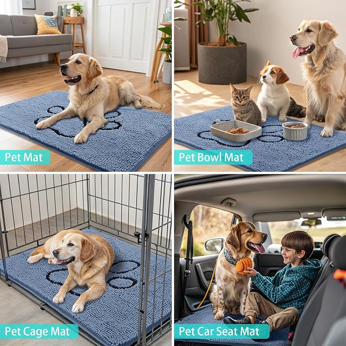 Smiry Dog Door Mat for Muddy Paws, Absorbent Dirt Trapper Non Slip Quick Dry Washable Chenille Mat for Mud Dogs, Entry Rug for Indoor and Outdoor (71x46 Inches, Airy Blue and Black)