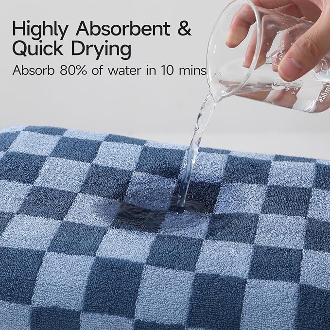 REDKISS Blue Checkered Bath Towels Set - 2 Piece Large Shower Towels for Bathroom Decoration, Highly Absorbent Cotton Bath Towel of 2, Cute Checkered Shower Retro Towel for Bathroom
