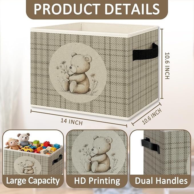 Bear Nursery Foldable Storage Bins Box with Handles, Neutral Gingham Wildflower Bear Collapsible Organizer Basket for Kids Boy Girl Nursery Room Bedroom Bathroom Clothes Toys Books