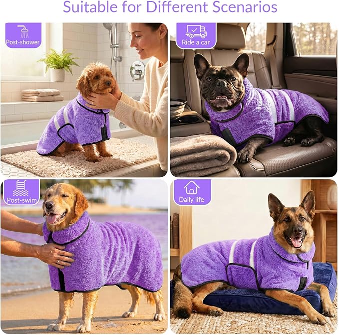 Bienbee Dog Bathrobe, Quick Drying Super Absorbent Pet Robes for Small Medium Large Dogs, Drying Coat for After Bath & Swim, Warm & Cozy Dogs Towels, Dog Puppy Bath Supplies, Ligh Purple L
