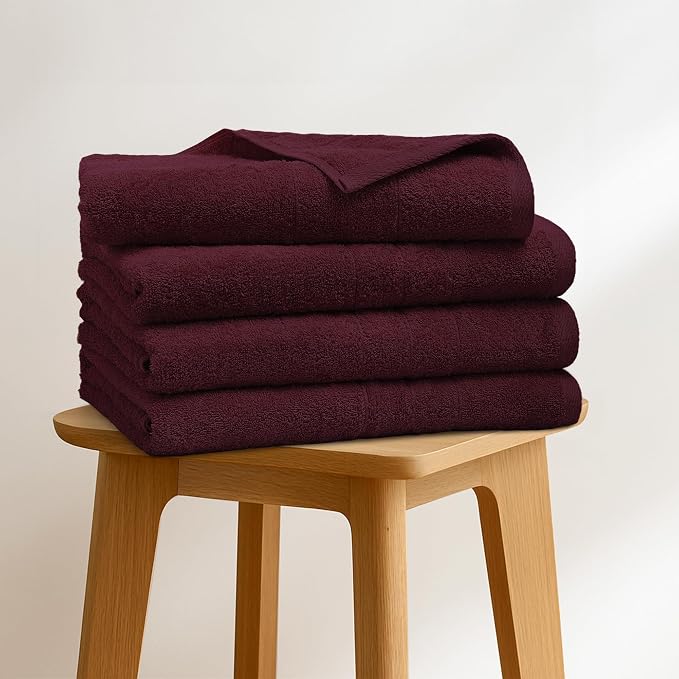 Bath Towels Set of 4 – 100% Ring Spun Cotton Burgundy Extra Large Towels for Bathroom, Spa Use (55x28 in) – 550 GSM Super Soft and Quick Dry Large Bath Sheets for Adults