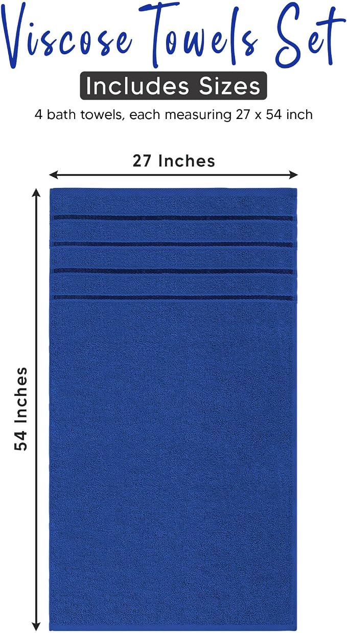 Luxury Bath Towels Set of 4, 27x54 Inches 600GSM 100% Cotton Ring Spun – Daily Use Highly Absorbent Viscose Stripe Bath Towel Sets for Bathroom, Hotel, Spa (Royal Blue)