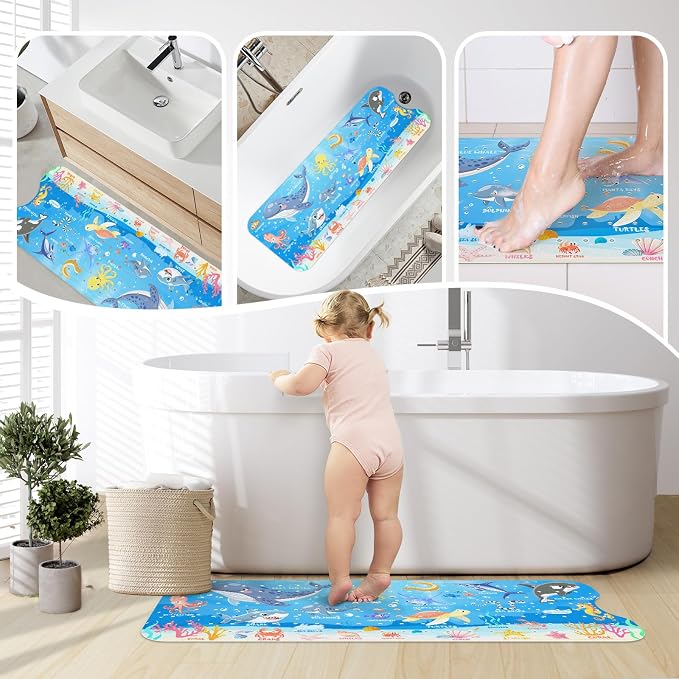 SHUCHING Baby Bath Mat for Tub Non Slip-40x16 Inch, Blue Ocean Animal | Bathtub Mat for Kids & Toddler Mold Free, Long Shower Mat for Inside Shower with Suction Cup, Machine Washable