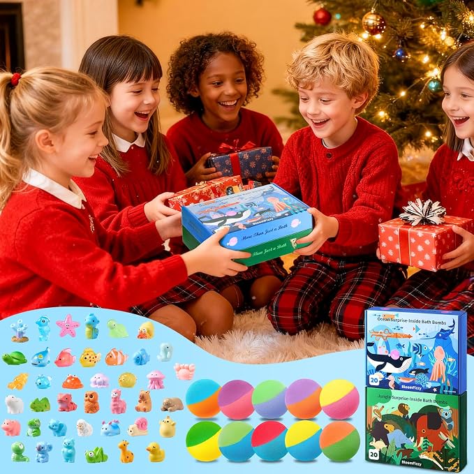 40 Kids Bath Bombs with Surprise Inside, Ocean & Jungle Animal Toys Gift Set with Natural Child-Safe Ingredients, Travel-Friendly Bath Bombs for Boys and Girls, Great for Birthdays, Christmas & Easter