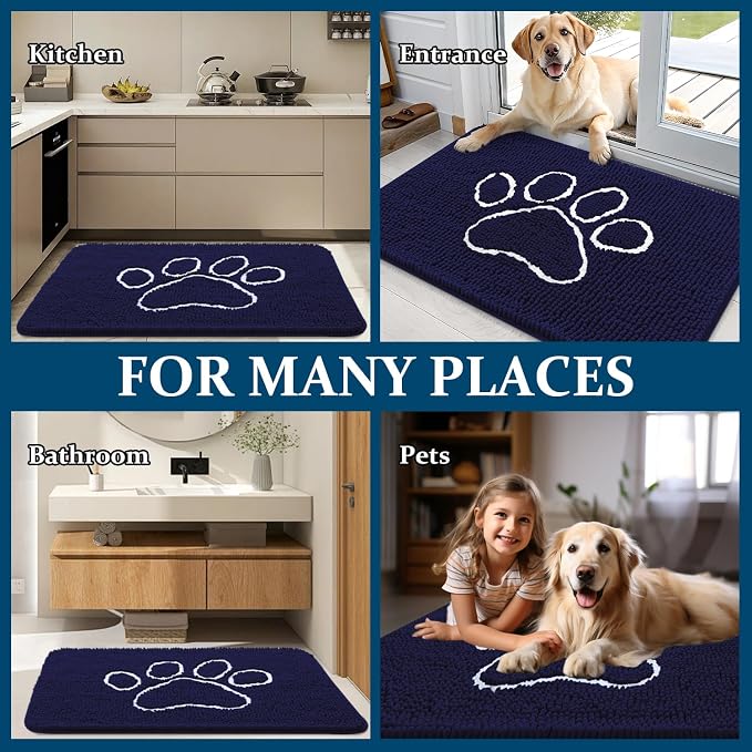 OLANLY Dog Door Mat for Muddy Paws 34x21, Paw Print Design, Absorbs Moisture and Dirt, Absorbent Non-Slip Washable Doormat, Quick Dry Chenille Mud Mat for Dogs, Entry Indoor Entryway Carpet, Navy Blue