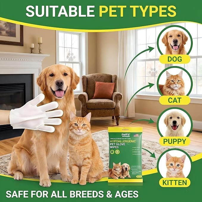 No Rinse Dog Bath Wipes & Cat Grooming Gloves, Extra Thick Waterless Pet Cleaning Mitts for Post-Surgery Recovery, Senior Dogs & Travel, Hypoallergenic Deodorizing - 6 Pack